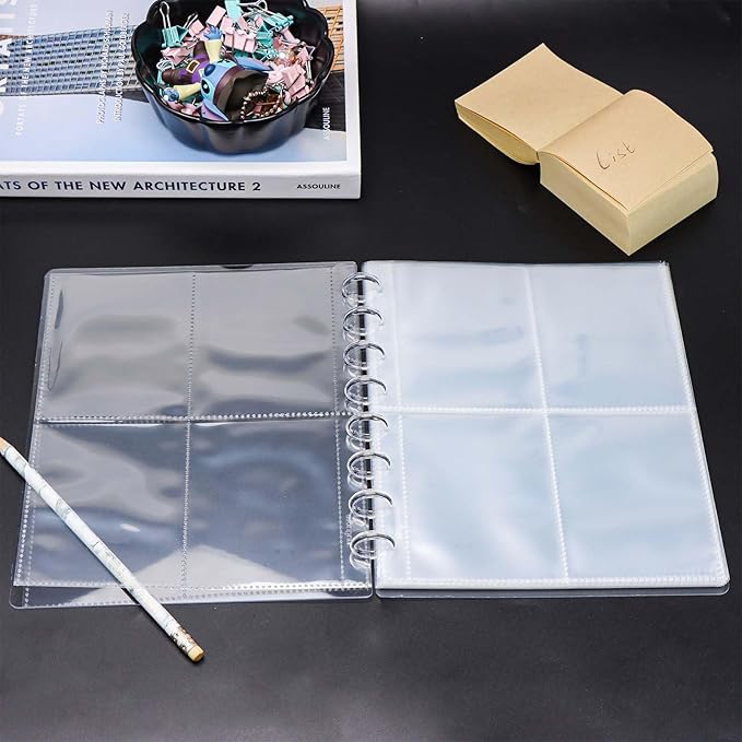 Discbound Photo Album with Clear PET Cover 20 Sheets Clear PP Sleeves 8 Discs Bound Organizer Left Side Open Pockets for Cash Money Stickers Photos Cards (8 Rings 4 Pockets)