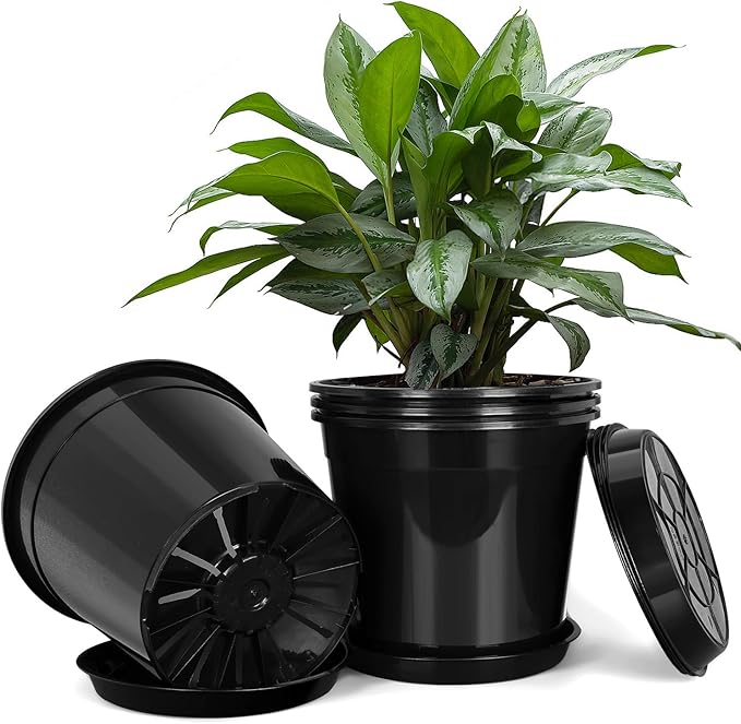 7 Gallon Plastic Pots with Drip Trays, Sturdy Gallon Plant Pots with Drainage Holes, Large Gallon Pots for Flowers, Ideal for Indoor and Outdoor Use (7Gallon-4PACK)