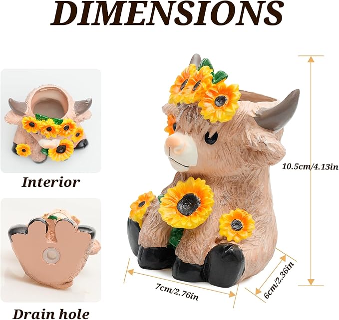 Cute Highland Cow Planter, 4.3 inch Resin Succulent Pot, Animal Planter with Drain, mini cows flower pots,Storage Containers for Outdoor Indoor Backyard Balcony Planters Home Garden Decor Gifts