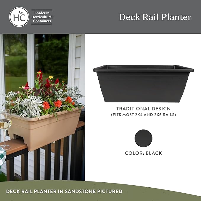 The HC Companies 24 Inch Deck Rail Planter Box with Drainage Plug, Lightweight UV-Resistant Plastic Outdoor Planters for Wood Deck Rail, Flower Box for Garden, Patio, Balcony, and Fence, Black