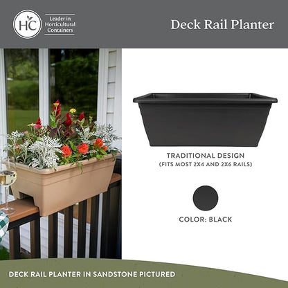The HC Companies 24 Inch Deck Rail Planter Box with Drainage Plug, Lightweight UV-Resistant Plastic Outdoor Planters for Wood Deck Rail, Flower Box for Garden, Patio, Balcony, and Fence, Black