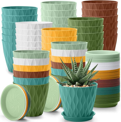 48 Pack 4 Inch Plant Pots Bulk Small Pots for Succulents Waffle Texture Plastic Planter with Drainage Holes and Saucers for Indoor Outdoor Plants Flowers, Seedlings (Multiple Colors)