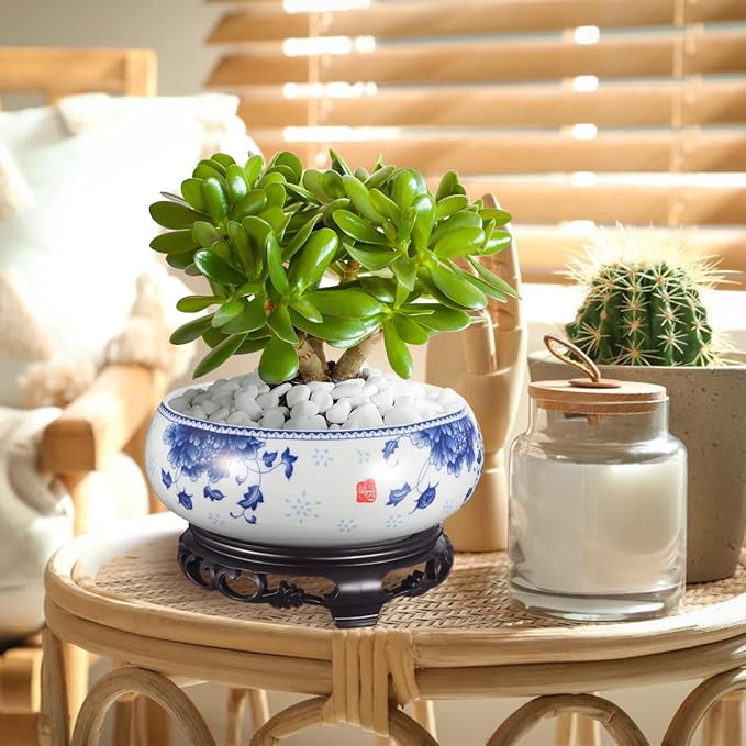Yardwe Ceramic Flower Pot - Hydroponic Water Lily Bowl Planter with Stand Indoor Narcissus Container for Home Office Garden Decoration 7.1X6.3 Inch