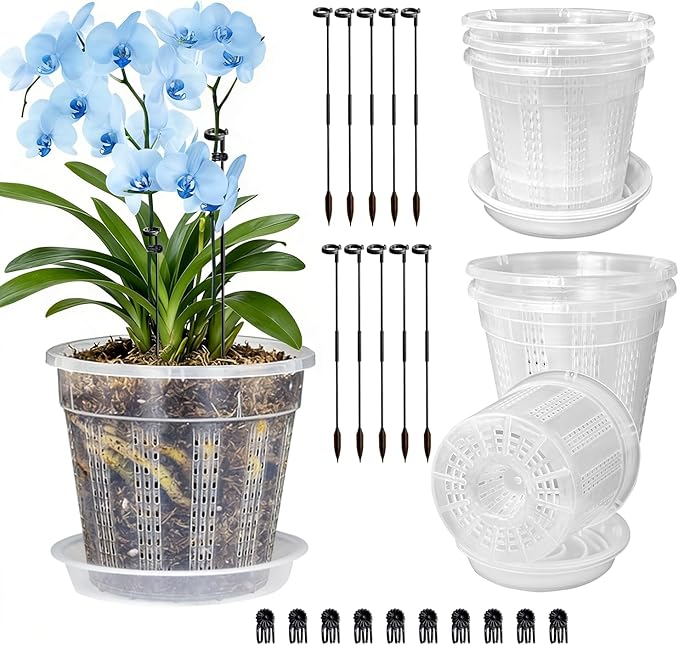 Orchid Pot with Saucers, 6 Pack 5.5" Orchid Pots with Holes and 10Pcs Plant Stakes, Clear Plastic Flower Plant Pot for Indoor Outdoor Plants(6 Pack 5.5"+ Saucers)