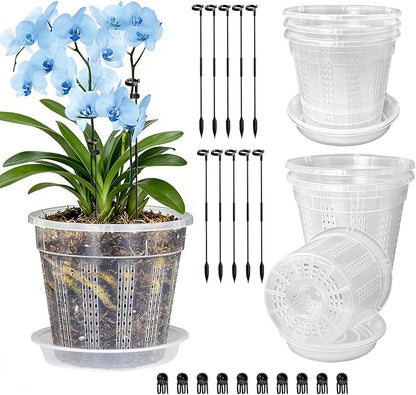 Orchid Pot with Saucers, 6 Pack 5.5" Orchid Pots with Holes and 10Pcs Plant Stakes, Clear Plastic Flower Plant Pot for Indoor Outdoor Plants(6 Pack 5.5"+ Saucers)