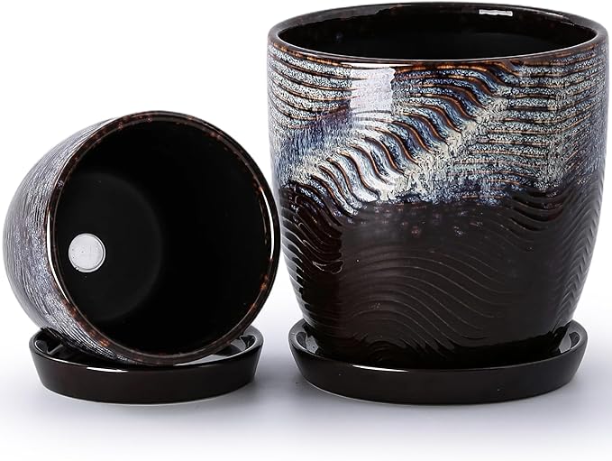 4+5.75 Inch Ceramic Planter Set of 2 with Drainage Hole and Saucer for Plants, Indoor-Outdoor Large Round Succulent Orchid Flower Pot -Reactive Color Spot(Inner-pots not Larger Than 5 Inch)