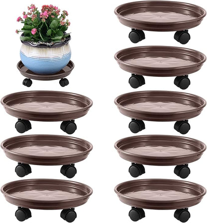 8 Packs Plant Caddy With Wheels 12" Plastic Rolling Stands Heavy-Duty Dolly With Casters Indoor and Outdoor Roller Base Large Heavy Pot Saucers Plant Mover, Brown