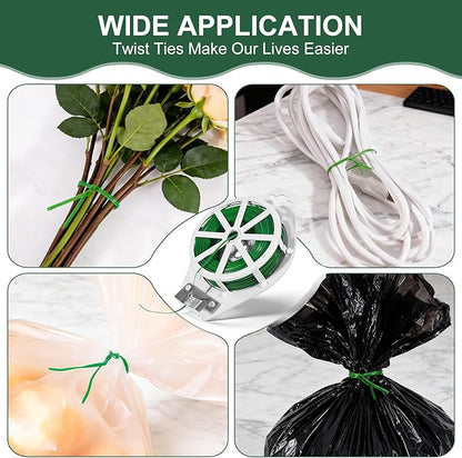 Green Twist Ties, 328 Feet (100m) Sturdy Plant Ties with Cutter, Rustproof & Flexible Gardening Ties for Tomatoes, Vines & Flowers, Twist Tie Use for Indoor/Outdoor Home & Office