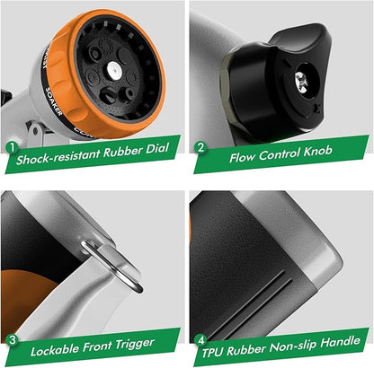 RESTMO Garden Hose Nozzle, Heavy Duty Metal Water Hose Nozzle with 7 Adjustable Spray Patterns, High Pressure Hand Sprayer with Flow Control, Best for Watering Plant & Lawn, Washing Car & Pet, Orange