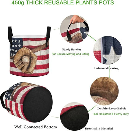 3 Gallon Vintage Baseball Bat Glove American Flag Breathable Grow Bags Heavy Duty Planter Pot Containers with Handles for Potato Tomato Fruits Flowers Vegetables