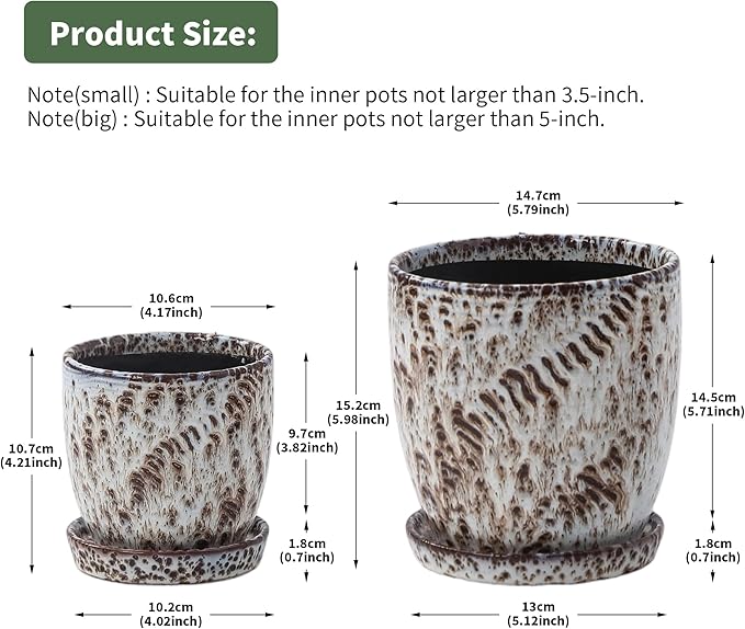4+5.75 Inch Ceramic Planter Set of 2 with Drainage Hole and Saucer for Plants, Indoor-Outdoor Large Round Succulent Orchid Flower Pot -Reactive Glaze Speckled(Inner-pots not Larger Than 5 Inch)