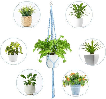 XXXFLOWER 3 Pack Macrame Plant Hanger Indoor Set with Hooks Handmade Woven Cotton Rope Flower Pot Crochet Plant Holder Stand Boho Plant Decor Hanging Planter Baskets Set of 3 with Beads Blue