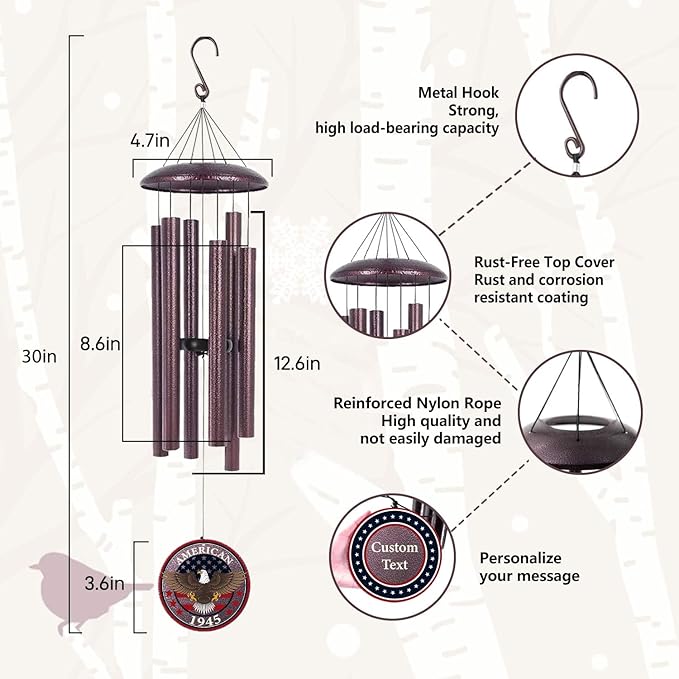 Personalized Wind Chimes for Military, Memory Gifts for US Veteran, Memorial Wind Chimes for Loss Loved One, Sympathy Gifts for Loss Soldiers Navy, Army, Air Force, Produced in USA