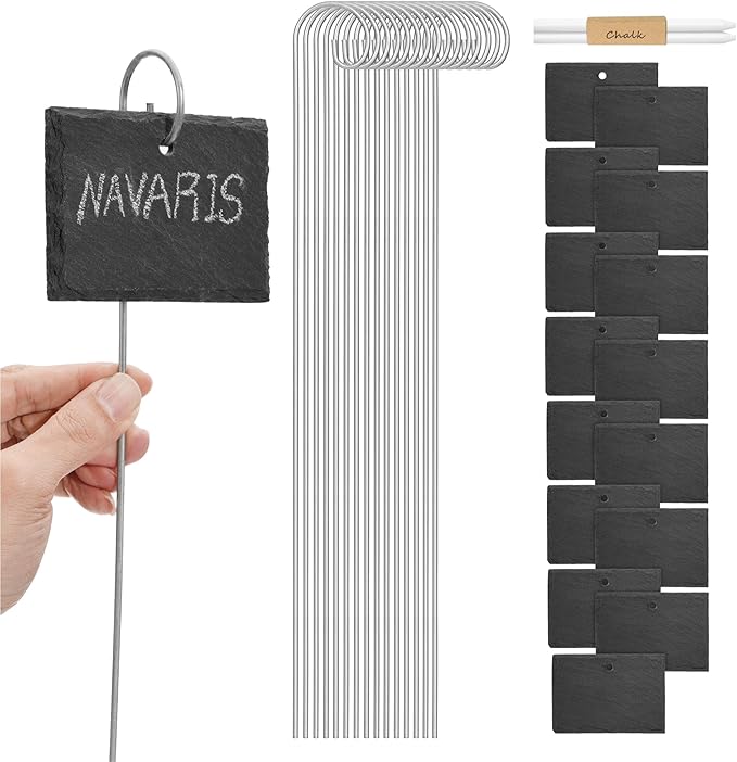 Navaris Slate Plant Labels (15 Pieces) - Garden Marker Label Signs with Stakes - Markers for Plants, Vegetables, Herb Gardens - with Chalk Pencils - Rectangular (Pack of 2)
