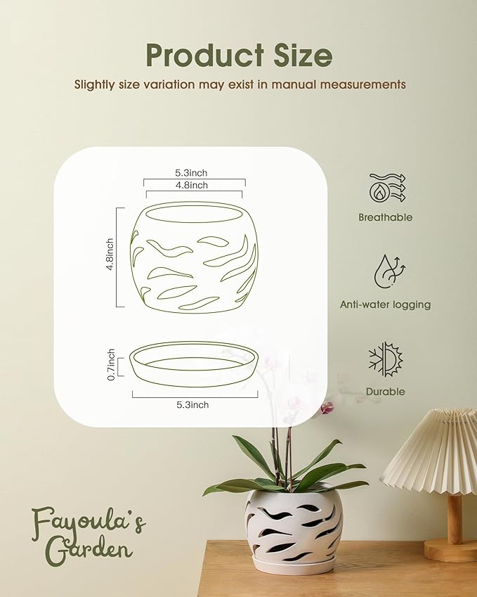 Ceramic Orchid Pot with Holes & Saucers, 5.5 inch Plant pots for Indoor and Outdoor use, Wind-Worn Texture Cutout Promoting air Circulation and Drainage(Pots Only)