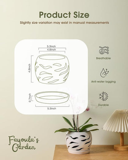 Ceramic Orchid Pot with Holes & Saucers, 5.5 inch Plant pots for Indoor and Outdoor use, Wind-Worn Texture Cutout Promoting air Circulation and Drainage(Pots Only)