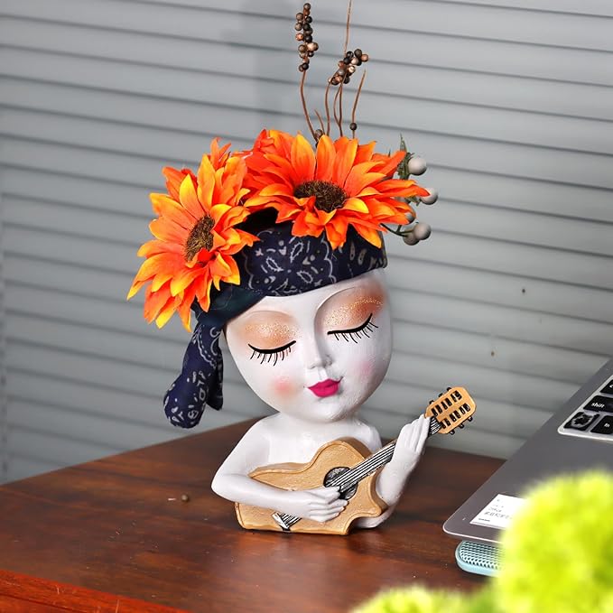 Face Planter Pot, Cute Girl Playing Guitar Head Planter for Indoor Plants, Unique Resin Succulent Pots with Drainage, Creative Music Lover Gifts for Guitarist Women Mom (White)