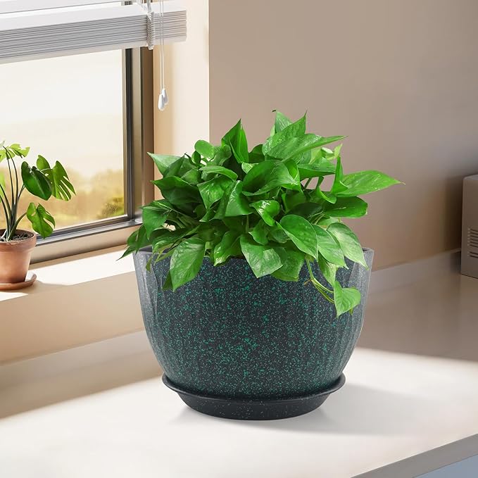 12/10/9 inch Plant Pots, 3 Pack Flower Pots for Outdoor Indoor Garden Plants, Large Planters with Multi Mesh Drainage Holes and Saucer (Black with Green Speckles, 12"+10"+9")