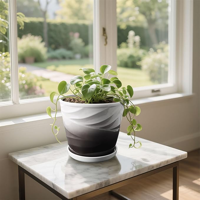 Ceramic Plant Pots,6 Inch,Set of 2,Planters with Drainage Hole and Saucer,Flower pots for Indoor Plants,Modern Design(6.7 in Diameter)