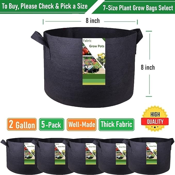 5-Pack 2 Gallon Thickened Plant Grow Bags (8x8 inch) Nursery Bags Fabric Plant Pots Garden Bag for Flower Pots,Herbs Veggies Planter Bag,Garden Pot,Barrel Planter,Plant Container with Gardening Gloves