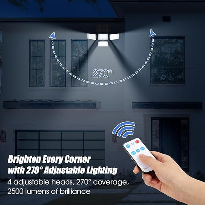 CADUKE Solar Motion Sensor Outdoor Lights, 4 Heads Solar Security Lights with Remote Control, IP65 Waterproof 2500LM Outdoor Lights for Yard, 2 Pack