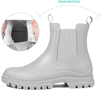 DKSUKO Rain Boots Women Waterproof Chelsea Boots Ankle Garden Shoes for Ladies Rubber Short Rainboots with Removable Comfort Insole for Outdoor Work Deck Mud Boots