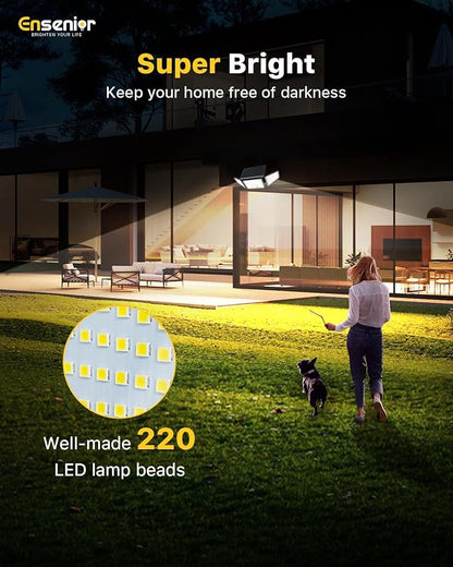 Ensenior Solar Lights Outdoor Motion Sensor, 220 LED High Brightness, 3 Head 270° Wide Angle Flood Lights, Remote Control Security Lights with 4 Modes, IP65 Waterproof Wireless Wall Light, 2 Pack