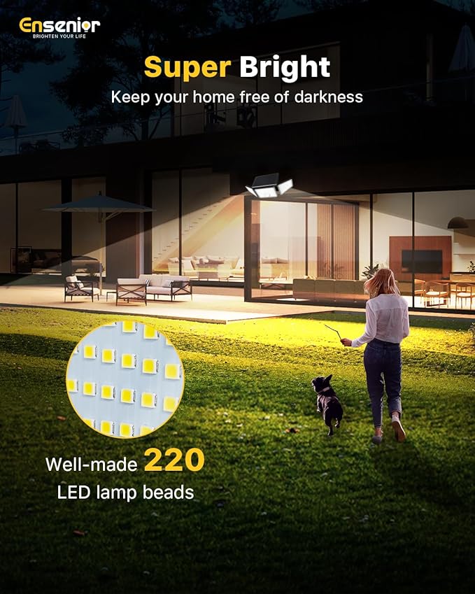 Ensenior Motion Sensor Outdoor Lights, 220 LED IP65 Waterproof Solar Security Light with Remote Control, 3 Heads Solar Flood Light Outdoor with 4 Modes, 270° Wide Angle Motion Light for Outside -4Pack