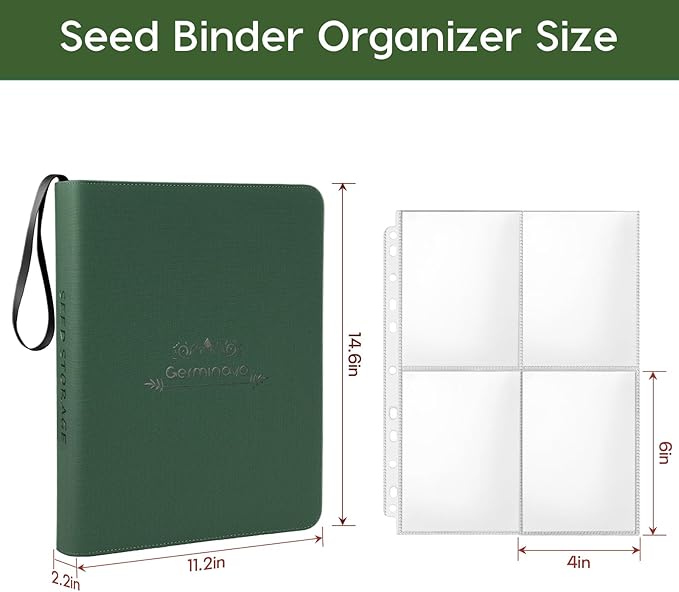 Zippered Seed Storage Organizer Binder with Handle, Gardening Seed Saving Kit, Holds 120+ Seed Envelopes, Fit Flower, Plant and Vegetable for Seed Packets (Upgraded Version)