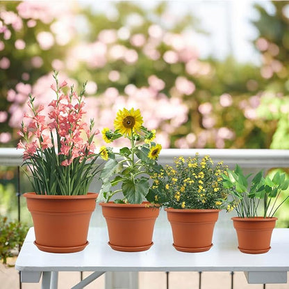 10 Inch Plastic-Flower-Pot-for-Indoor-Plants, 4 Pack Large Outdoor Planter Pot with Drainage Holes & Saucers, Resin Decorative Garden Pots Planters