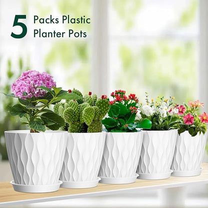 6 inch Flower Pots, 5 Pack Plant Pots for Indoor Outdoor Plants, Water Ripples Plastic Planters with Drainage Holes and Saucers, Nursery Pots for Small Succulent Garden House Plants, White