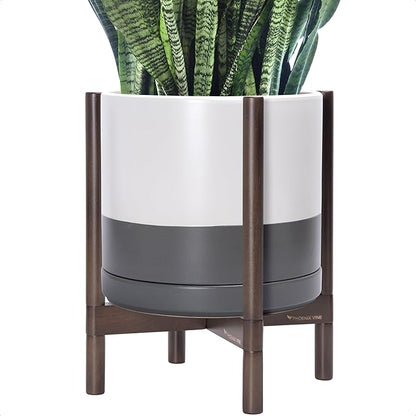 D'vine Dev Ceramic Planter with Walnut Color Stand - 14 Inch Modern Round Flower Pot with Wood Planter Holder, White/Grey, 55-B-T-6