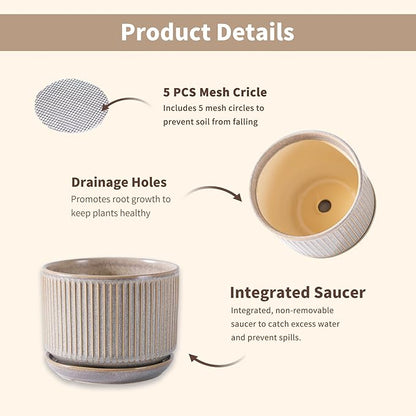 Speckle Gray Ceramic Plant Pots Set of 3, 4.3+5.5+6.7 Inch Indoor Flower Pot with Drainage Hole & Saucer & Hole Pads, Striped Decorative Planter Set for Indoor Plants, Gardening Pots & Accessories