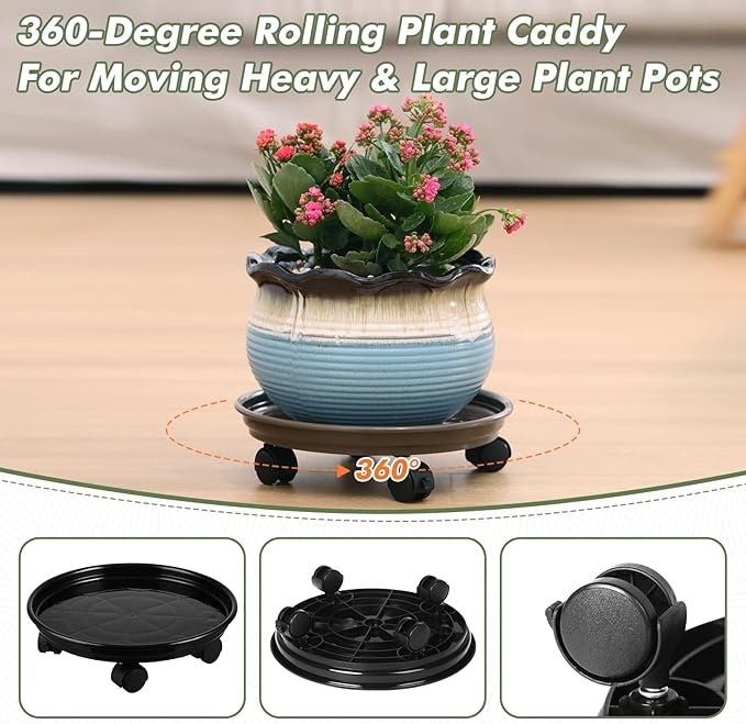 6 Packs Plant Caddy with Wheels 12" Plastic Rolling Stands Heavy-Duty Dolly with Casters Indoor Outdoor Coaster, Brown