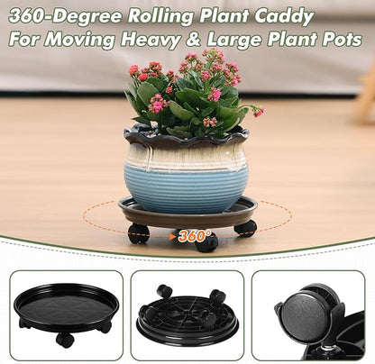 6 Packs Plant Caddy with Wheels 12" Plastic Rolling Stands Heavy-Duty Dolly with Casters Indoor Outdoor Coaster, Brown