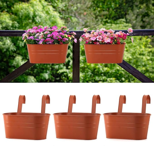 3 Pack Metal Railing Planters, 10.5" Oval Hanging Flower Pots with Detachable Hooks & Drainage Holes, Fits Rails up to 2.36", Galvanized Iron Fence Bucket for Balcony Garden Patio - Terracotta