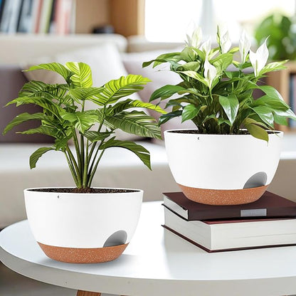 Plant Pots 12inch Self Watering Pots, Set of 2 Plastic Planters with Drainage Holes and Saucers, Flower Pots for Indoor Outdoor Plants (White)