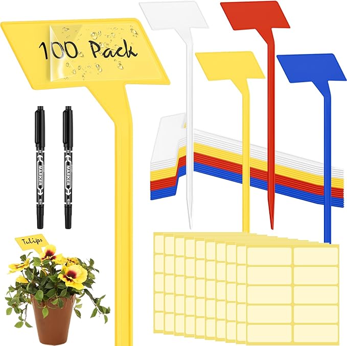 Marsui 202 Pcs Large Plant Labels Kit, Include 100 Outdoor Plastic Plant T Type Tags Waterproof Reusable Plant Markers Stakes, 100 PET Films and 2 Marker Pens for Herbs Pot (Multicolor,11.8 Inch)