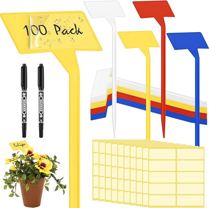 Marsui 202 Pcs Large Plant Labels Kit, Include 100 Outdoor Plastic Plant T Type Tags Waterproof Reusable Plant Markers Stakes, 100 PET Films and 2 Marker Pens for Herbs Pot (Multicolor,11.8 Inch)