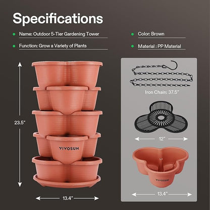 VIVOSUN 2-Pack 5 Tier Vertical Gardening Stackable Planter for Strawberries, Flowers, Herbs, Vegetables, Brown