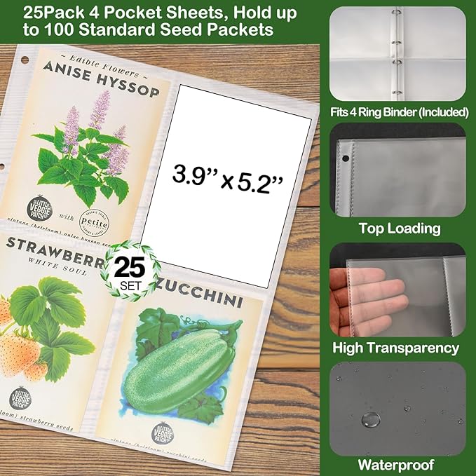 Seed Packet Organizer Kit - 100Pcs Seed Storage Envelopes, 1 Binder with 25 Pack Clear Sheet Protectors (4 Pockets Each, Slot Size 3.9" x 5.2"), Fit for Standard Seed Packets - Green