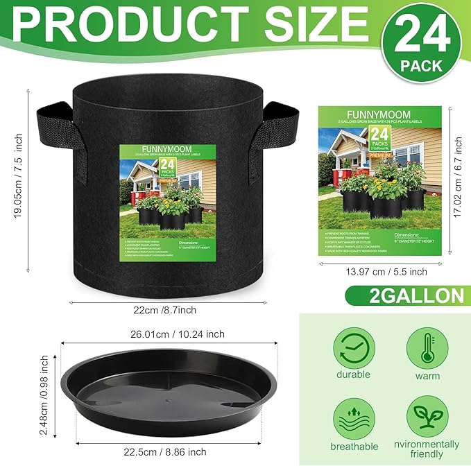 24 Sets 2 Gallon Grow Bag with Plant Saucers, Durable Aeration Fabric Pots with Handles Black Drainage Planter Bags Reusable Garden Bags Plastic Drip Trays Set for Indoor Outdoor
