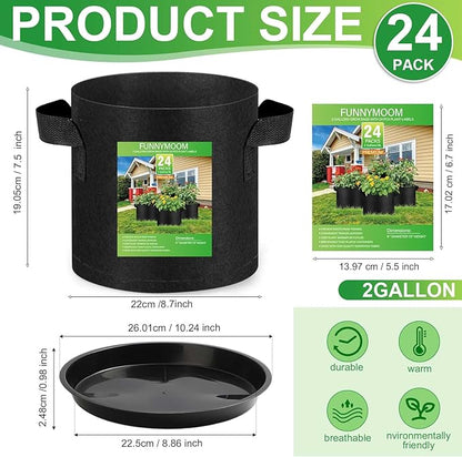 24 Sets 2 Gallon Grow Bag with Plant Saucers, Durable Aeration Fabric Pots with Handles Black Drainage Planter Bags Reusable Garden Bags Plastic Drip Trays Set for Indoor Outdoor