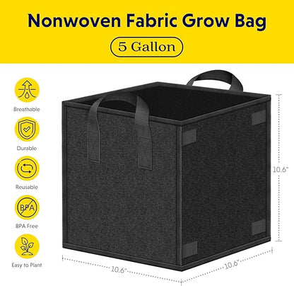 iPower 5-Pack 5 Gallon Square Grow Bags, Vegetable/Flower/Plant Fabric Pots with Handles, Heavy Duty Thickened Nonwoven Planting Bag, Black
