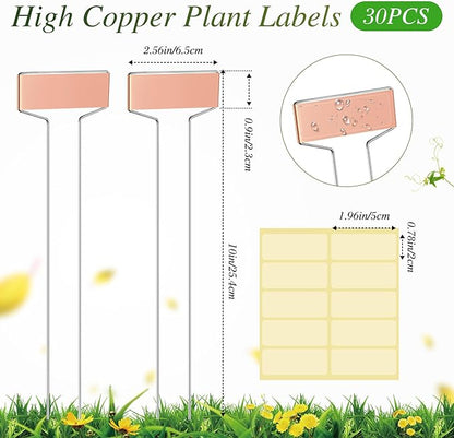 Moxweyeni 61 Pieces Metal Plant Tags Kit 30 Pieces Copper Metal Plant Labels 30 Rainproof Pet Films 1 Marker Pen Reusable Planting Garden Markers Nursery Tags (T Shape)