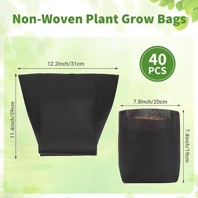 GREANER Black Nursery Growing Bags, 40 PCS Breathable Non-Woven Garden Grow Bags, Outdoor Reusable Plant Seeding Bags for Tree, Vegetable, Flower, Seeds, Plant Grow(12.2x11.4 Inch)