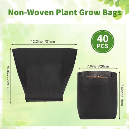GREANER Black Nursery Growing Bags, 40 PCS Breathable Non-Woven Garden Grow Bags, Outdoor Reusable Plant Seeding Bags for Tree, Vegetable, Flower, Seeds, Plant Grow(12.2x11.4 Inch)