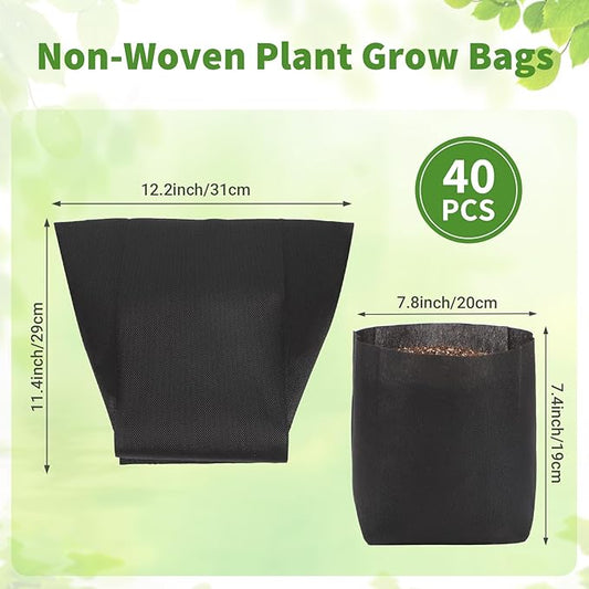 GREANER Black Nursery Growing Bags, 40 PCS Breathable Non-Woven Garden Grow Bags, Outdoor Reusable Plant Seeding Bags for Tree, Vegetable, Flower, Seeds, Plant Grow(12.2x11.4 Inch)
