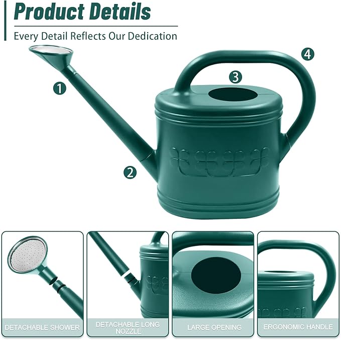 Watering Can for Indoor & Outdoor Plants, Plant Watering Can with Stainless Steel Shower Head, 1 Gallon Plastic Watering Can for Garden, Flowers, Vegetable, Greenhouse (Dark Green, 1 Gallon)