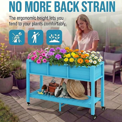 YITAHOME Raised Garden Bed HDPE, 47x18x31In Raised Flower Bed Poly-Wood Weather-Resistant Elevated Planter Box with Lockable Wheels & Storage Shelf for Vegetable Flower, Aruba Blue